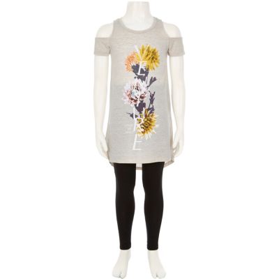 Girls beige floral t-shirt leggings outfit